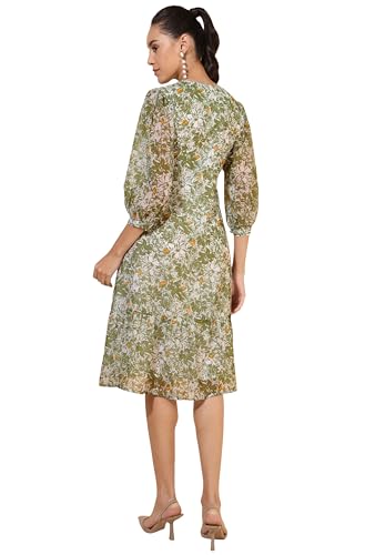 Image of Janasya Women's Olive Georgette Floral Printed A-Line Dress