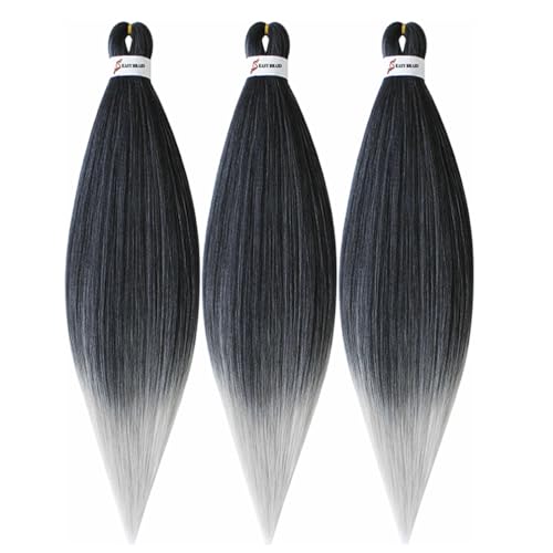 BALINGHAIR Pre-Stretched Braiding Hair Extensions Ombre Black to Gray 26 Inch Braiding Hair for Crochet Braids(1B/Gray-3Pcs)