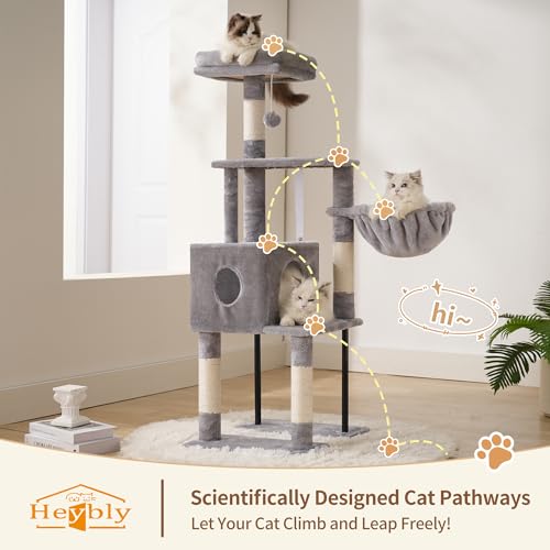 Image of Heybly Cat Tree with Toy, 49.2 inch Cat Tower for Indoor Cats HCT200SW-1 | Spacious Cat House Condo with Hidden Space，Soft Plush Top Perch，Cozy Hammock and Sisal Scratching Posts, Light Gray