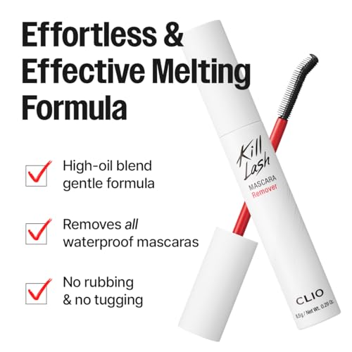 Image of CLIO Kill Lash Mascara Remover, Waterproof Eye Makeup Remover with Curved Precision Brush, Oil Cleanser for Superproof Mascara and Lash Base, No-Rub Gentle Cleansing, Safe for Sensitive Eyes