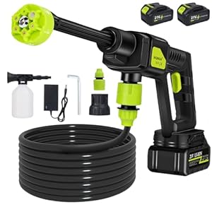 Cordless Pressure Washer Power Washer,21V High Pressure Water Gun with 2 Batteries & Charger,6-in-1 Adjustable Nozzle,5m Hose,Portable Pressure Washers for Patio and Car, Floor Garden Cleaning