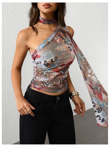 Image of RoseSeek Women's Y2K Leopard Polka Dots Halter Asymmetrical Neck Crop Tops