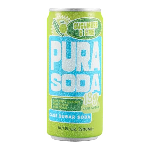 Image of PuraSoda Cucumber & Lime - 12g Pure Cane Sugar Soda, 10 Fl Oz, Pack of 12 | Real Fruit Extract, Non-Gmo Vegan, No Stevia Or Artificial Sweeteners, 13g Cane Sugar, 10 Fl Oz Cans