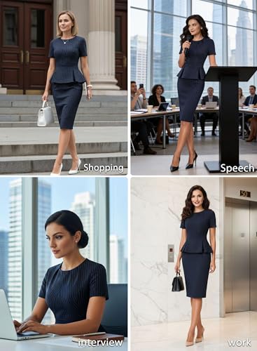 Image of VFSHOW Womens Pleated Crew Neck Peplum Work Business Office Church Bodycon Pencil Sheath Dress