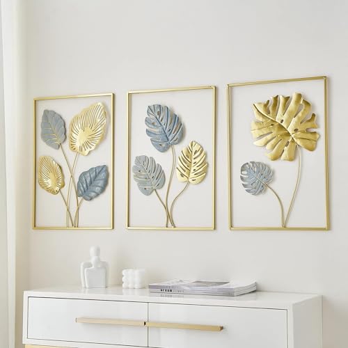 Image of Framing Hub - Gold Metal Wall Decor Leaf Wall Hanging Decoration, Set of 3 Metal Wall Art Home Decor for Living Room Office Bedroom Hotel