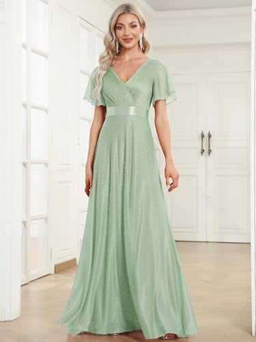 Image of Ever-Pretty Women's Summer Glitter Formal Dresses Evening Gown V Neck Short Sleeves Floor Length Mother of Bride Dress 50159