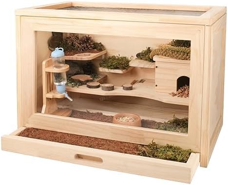 Wooden Hamster Cage and Hideout for Small Animal, Syrian Hamster, Guinea Pig, Gerbil, 2-Tiers with Shelf and Ladder, Waterproof Pull-Out Tray, Natural Wood 23.6" L x 15.7" W x 15.7" H