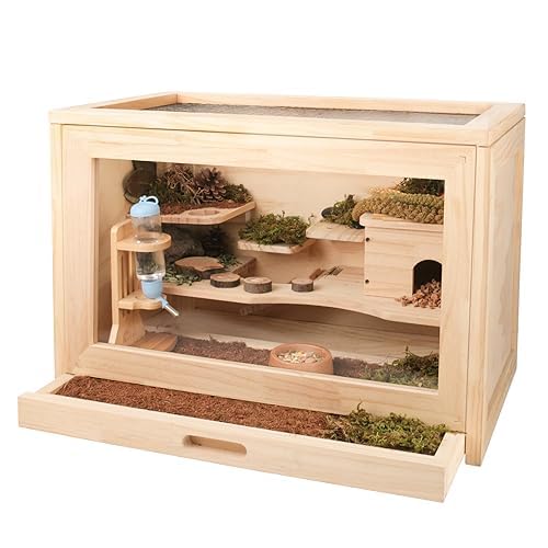 Wooden Hamster Cage and Hideout for Small Animal, Syrian Hamster, Guinea Pig, Gerbil, 2-Tiers with Shelf and Ladder, Waterproof Pull-Out Tray, Natural Wood