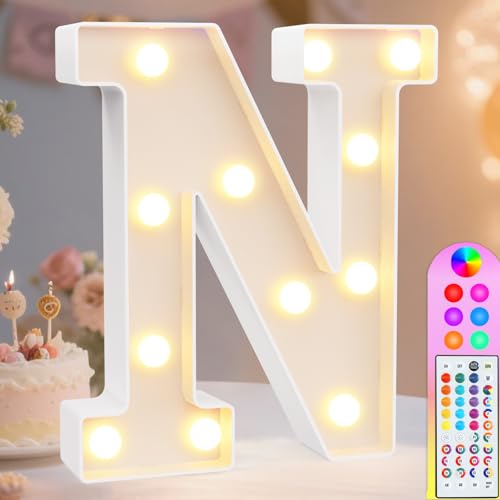 Image of Pooqla Colorful Light Up Letters with Remote, Upgraded 35 Colors LED Marquee Letters, RGB Lighted Letter for Girls Teenager Gift, Birthday, Party, Wedding, Night Light, Room, Bedroom Decor, Letter N