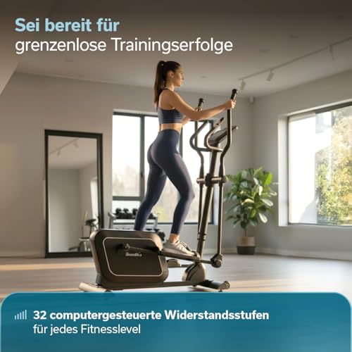 Skandika Crosstrainer für Zuhause Fint P8-R | Heimtrainer leise, 32 Stufen, 22 Programme, bis 120 kg, Kinomap App kompatibel, 8 kg Schwungmasse, Ellipsentrainer | Ellipsen Crosstrainer Fitness Sport
