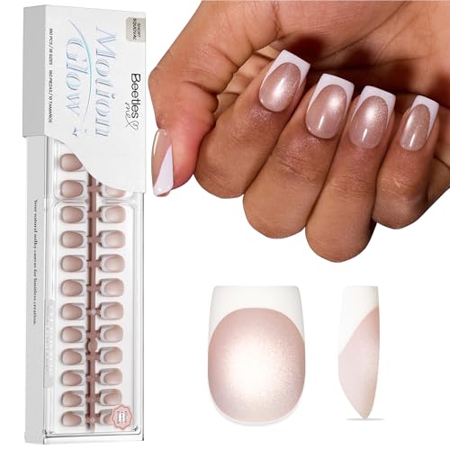 Image of Beetles French Tip Press On Nails 160Pcs Short Squoval Soft Nail Gel Tips | Brown Cat Eye Gel Painted Fake Nails, 16 Sizes for DIY Manicure Glassy Amber French