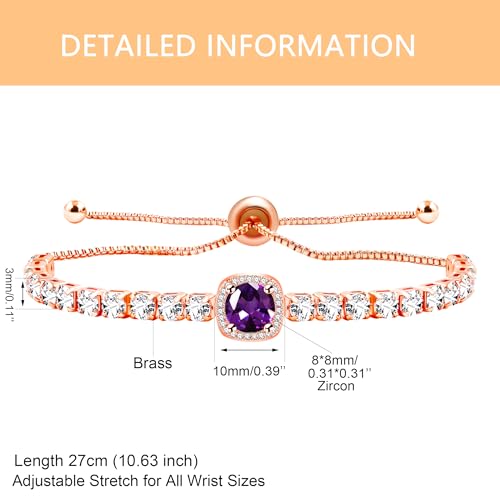 Image of Rose Plated Gold Brass Box Chain Cubic Zirconia Classic Tennis Slider Adjustable Bracelet, Round Big Zircon Charm Give Woman Mom Mother's Day Fashion Crystal Gift
