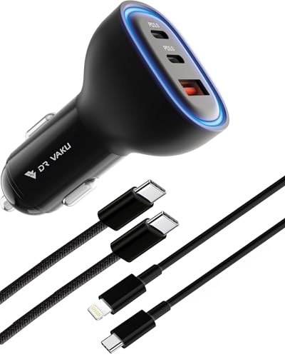 Image of DR VAKU 100W Car Charger Fast Charging Triple Port Dual 2X Type C PD PPS + QC 3.0 for iPhone 17 /16 /15 /14 /13 All Series & Android Phones with Braided Type C Cable + L Cable (1 Charger+2 Cable)