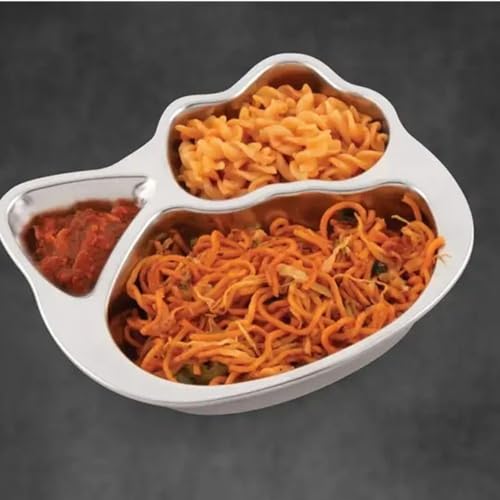 Image of Happy Hues Stainless Steel Divided Meal Plate Tray-3 Compartments Dinner Dish for Baby (Kitty)