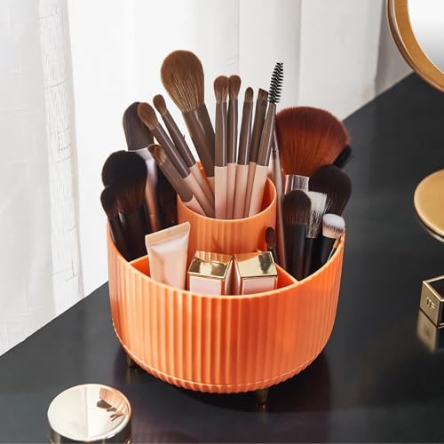 Image of Diesisa 360 Rotating Makeup Brush Organizer With 5 Sections, Spining Countertop Swivel Makeup Brush Holder for Cosmetics, Nail Polish, Art Supply, Bathroom Vanity Desktop Organizer - Orange