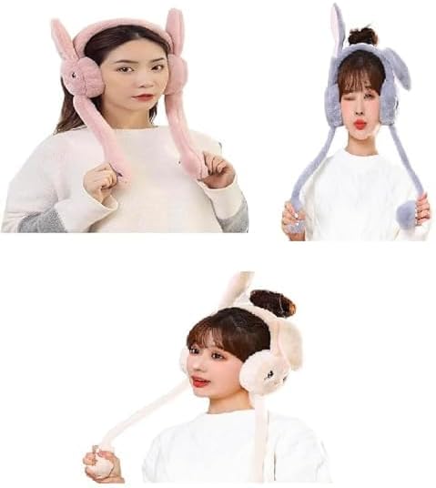 cute Plush Bunny Hat Rabbit Cap Ears Popping Up When Pressing The Paws Grey Kids' Costume Hats - Great Gift Plush Wool Winter Caps for Girls Kids boys women-Assorted color
