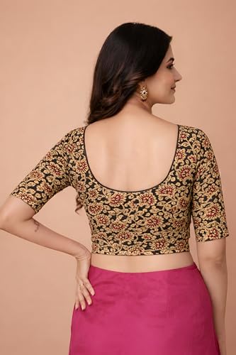 Image of Amazon Brand - Anarva Women's Kalamkari Print Cotton Stretchable Round Neck Readymade Saree Blouse