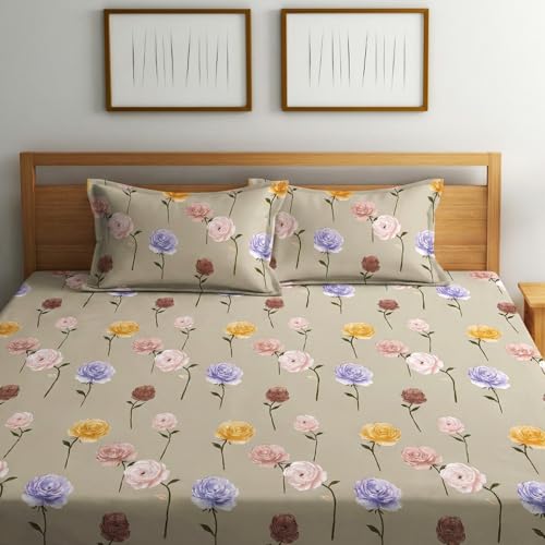 Image of Home Sizzler 210 TC Microfibre Rose Floral Print on Beige Double Fitted Bedsheet (72X78 inch) with 2 King Size Pillow Covers