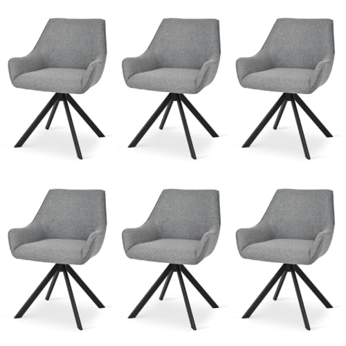 Image of Set of 6 Chairs 360 Degree Rotating Legs Stylish, Modern, Elegant & Comfortable Linen Fabric Arms Chairs for Dinning Living Hotel Cafe (6 Chairs) (Grey Linen Set of 6)