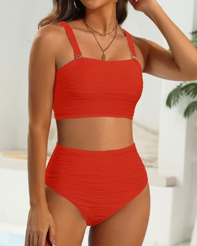 Image of High Waisted Bandeau Bikini Set - Women Strapless Two Piece Swimsuits Ribbed Longline Full Coverage Bathing Suits Swimwear