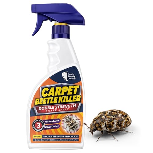 Carpet Beetle Killer Spray - Double Strength Cypermethrin & Tetramethrin Formula Kills Adult Carpet Beetles Eggs and Larvae Fast Knockdown For Carpets Rugs Curtains Soft & Furnishings - 500ml