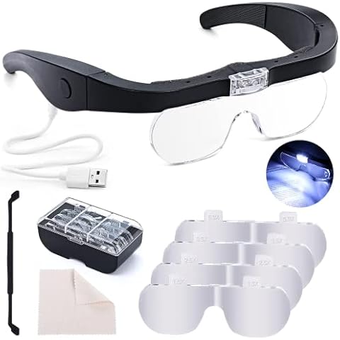 Head Magnifying Glass with Light Rechargeable Headband Magnifier for Close Work Interchangeable Lenses 1.5X 2.5X 3.5X 5X for Jeweler Loupe, Arts and Crafts, Hobby (Black) Cover
