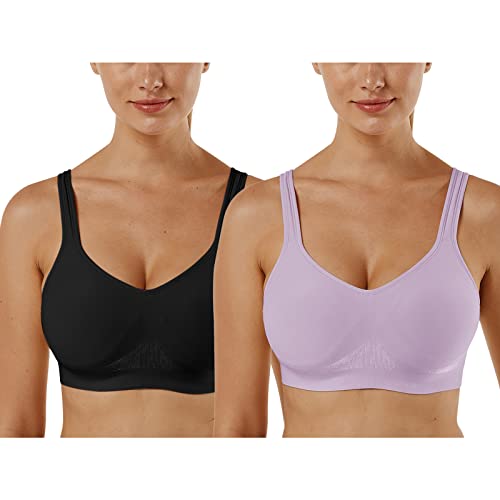 Vertvie Damen 1/2/3er Set Sport BH Einfarbig Ohne Bügel Bustier Klassische Bequem Stretch Bra Mittle Halt Gepolstert Wohlfühl-BH (Schwarz+Lila, XXL)