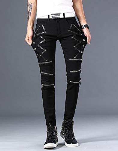 Men`s Punk Gothic Night Club Party Buckles Motorcycle Pants Biker Jeans3