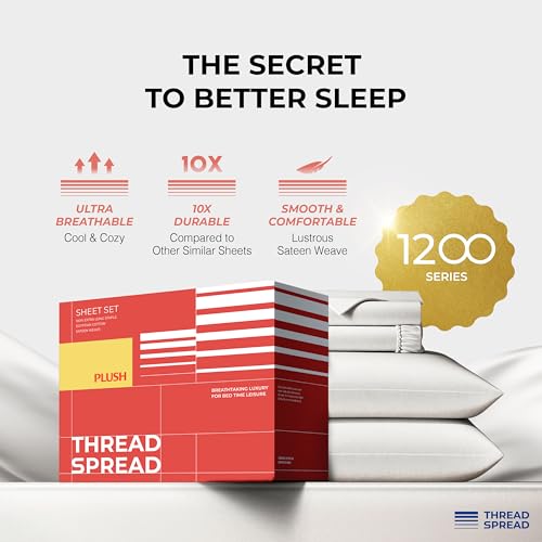 Image of THREAD SPREAD 100% Egyptian Cotton Queen Sheets Set - 1200 Series Plush Collection Luxury Egyptian Cotton Sheets Queen Size Deep Pocket (4 PC, Light Grey), Soft, Cooling, Sateen Weave Sheet Set