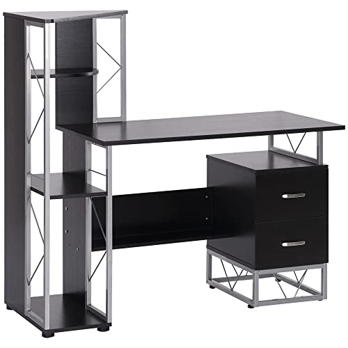 HOMCOM Bureau Informatique Design Industriel 133L x 155l x 123H cm Multi-rangements bibliothèque 3 étagères + 2 tiroirs MDF métal MDF Noir