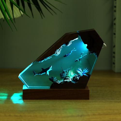 Image of Drawelry Ocean Creative Epoxy Resin Wood Light Lamp, Handmade Multi Color Aquatic Ocean Lamp Deep Sea Cave Diving Enthusiasts Led Night Light Desktop Decor Birthday Gift (White Shark, M)
