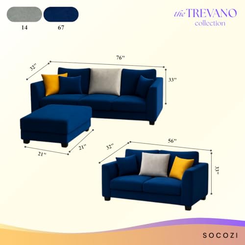 Image of SOCOZI Trevano 3+2 Seater Fabric Sofa Set with Ottoman | Soft Velvet Suede Upholstery | Modern Living Room Furniture (Blue-Light Grey)