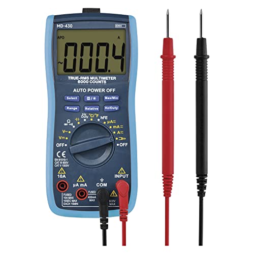 EMOS Digital Multimeter CATIII 600 V, True RMS Auto-Range Current Meter 6000 Counts with Measuring Tips, Reduction and Probe, Memory Function, Includes Battery, Blue, M0430