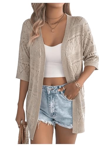 OYOANGLE Women's Crochet Hollow Out Knit Oversized Sweater Top 3/4 Sleeve Lightweight Open Front Cardigan