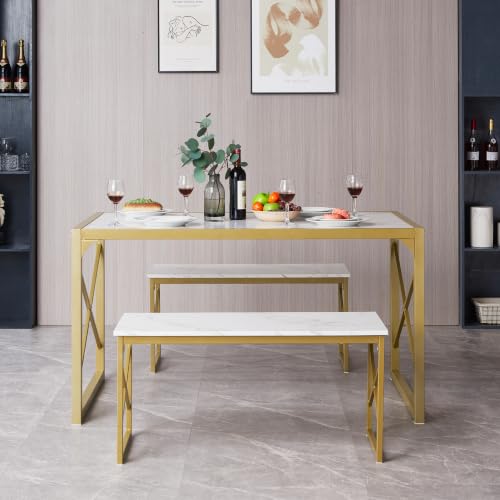 Image of VECELO 55 inch Kitchen Dining Table Set for 4, Heavy-Duty Steel Frame & Wood-Grain Tabletop, Space-Saving Dinette Sets with 2 Benches for Breakfast Nook and Small Space, Golden