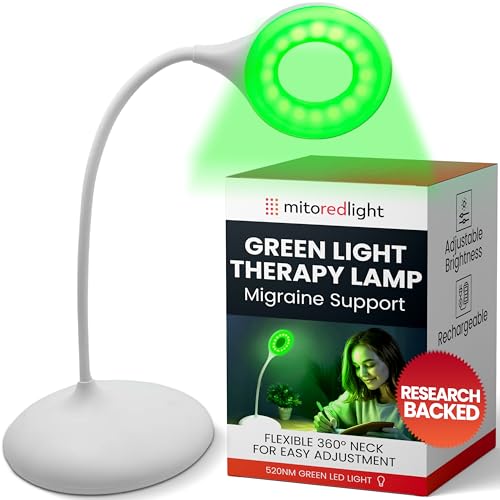 MitoGREEN Desk Lamp – Green Light Therapy for Migraine Relief – Adjustable Brightness,...
