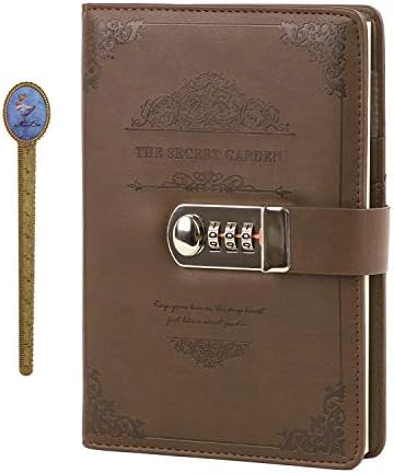 A5 Vintage Leather Journal with Combination Lock Digital Password Journal with Bookmark Pen Loop Retro Privacy Notebook Writing Travel Diary Locking Journal, 100 Sheets