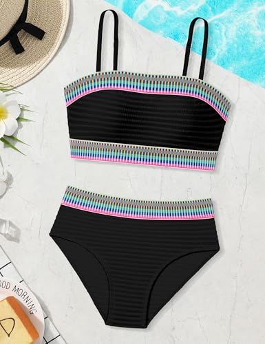 Image of DONWEN Girls Swimsuits V Neck Bikini Set Textured High Waist Girl Two Piece Bathing Suit