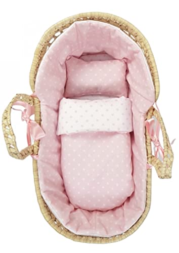 Borda y más Capa de vime, para bonecas e vestido, Moises, inclui: Colcha, almofada, cobertura de alcofa e colchão, estrelas Handmade - Nenel - (boneco não incluído) (rosa)