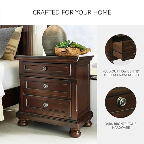 Image of Signature Design by Ashley Porter Traditional Wood Nightstand, Brown | Veneers, wood and engineered wood, 2 smooth-operating drawers, Hidden pull-out tray, Felt bottom, Bun feet