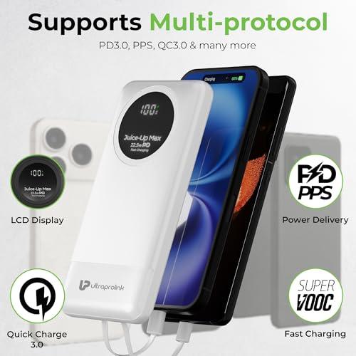 Image of UltraProlink Power Bank 10000mah Fast Charging|22.5W QC-PD -PPS Fast Charging Battery Bank|with USB-C & iPhone Cable|Digital Display|Power Bank for Tablets & Smartphones|Juice-Up Slim|UM1330
