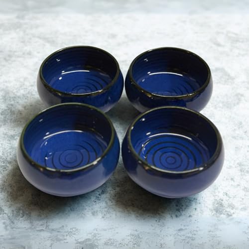 Image of Freakway Ocean Blue Handcrafted Ceramic Serving Bowls, Set of 4, 160 ML Capacity, Studio Pottery