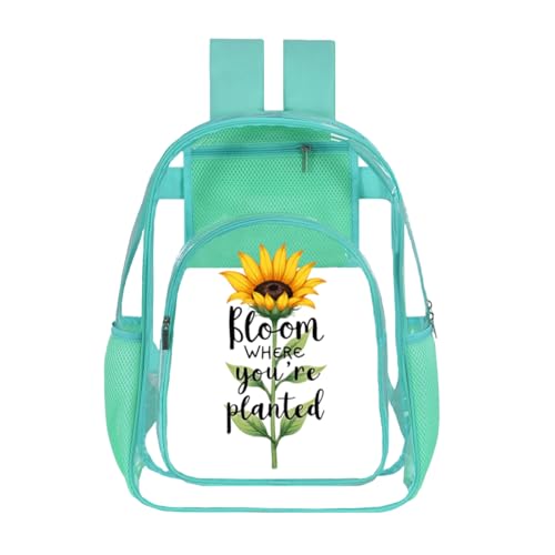 Clear Backpack for Women - 17 Inches Heavy Duty TPU Transparent Bookbag for Girls - Aesthetic Sunflower Pattern Backpacks for Work, School, Gym, Travel (Mint Green)