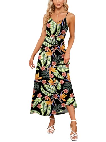 Image of HUSKARY Womens Summer Sleeveless V Neck Spaghetti Strap Pockets Beach Boho Vacation Casual Spring Maxi Dress