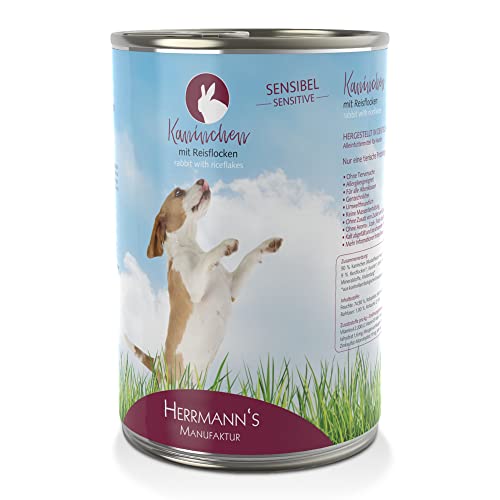 Herrmann´s Manufaktur Manufaktur Kaninchen für Sensible Hunde - Hundefutter nass mit Reisflocken - Alleinfuttermittel für Hunde - Gute Verträglichkeit - glutenfrei, laktosefrei (12 x 400 g Dose)