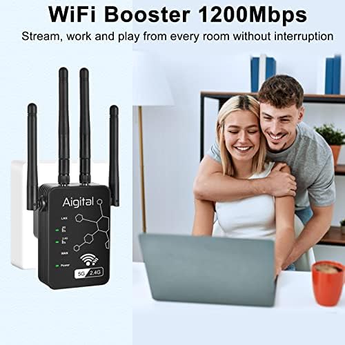 1200Mbps WiFi Extender Booster,Through Wall Internet Booster Wireless Covers up to 2640 Sq.ft,Dual Band 2.4G/5G WiFi Repeater with 4 Antennas and 2 Fast Ethernet Ports for Home-Works with All Router