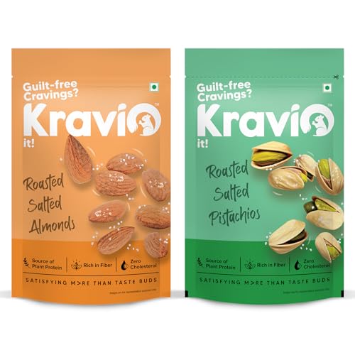 Image of Kravio Premium Roasted Salted Almonds & Pistachios (2 X 200g) | Zero Cholesterol Natural Whole California Badam & Inshell Pista Nuts & Dry Fruits | Rich in Protein, Crunchy Delicious Healthy Snacks