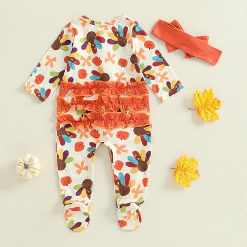 Newborn Baby Girl Thanksgiving Outfit Ruffled Turkey Print Romper Jumpsuit Infant Girl Thanksgiving Clothes 3M 6M 12M4
