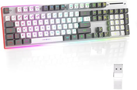 Wireless Gaming Keyboard, 2.4G Rechargeable RGB LED Backlit Office Keyboard with Sidelight & Metal Panel, MageGee V510 Ergonomic Waterproof Wireless Quiet Keyboard - Gray & White