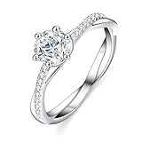 Anillo de compromiso para mujer de oro blanco de 14 quilates, anillo de boda de 6 dientes redondo con moissanite de 1 quilate, plata talla 47 (15.0)
